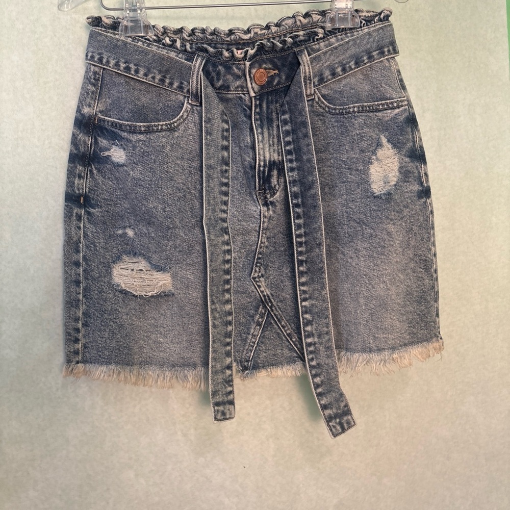 SO Distressed Denim Mini Skirt with Frayed Hem